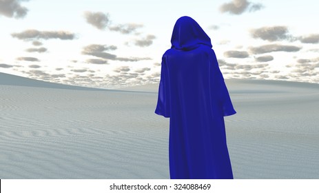 Blue Cloaked Figure In Empty Desert