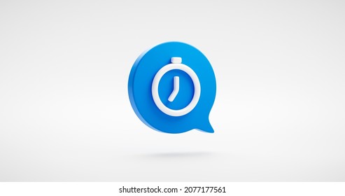 Blue clock time icon or hour timer alarm watch message bubble illustration graphic flat design and digital stopwatch concept isolated on white 3d background with minute interface measurement symbol.