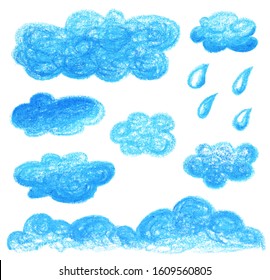 Blue Cloud Hand-drawn Oil Pastel Illustration. Children Drawing Sky Cloud With Rain Drop. Textured Bubble Icon Set. Blue Cloud By Crayon Or Color Pencil. Kids Art For Environment And Nature. Raincloud