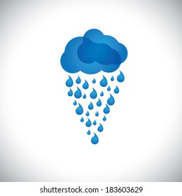 Blue Clouds & Rain  Icon, Sign Or Symbol On White Background. This Graphic Also Represents Rainstorm, Heavy Rainfall, Monsoon, Rainy Season, Inclement Weather, Drizzle, Spate, Downpour, Etc