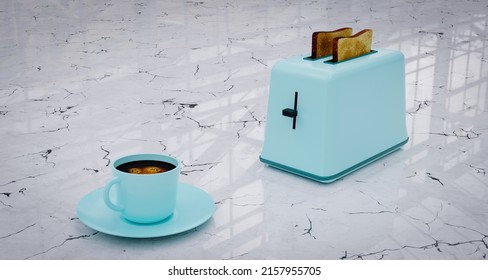 Blue Coffee Cup And Toaster On Shiny White Marble Counter Top. 3d Rendering.