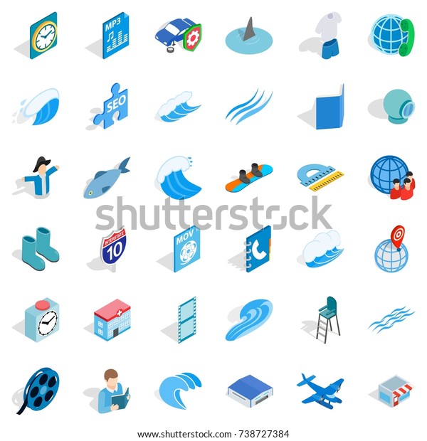 Blue color icons set.\
Isometric style of 36 blue color  icons for web isolated on white\
background