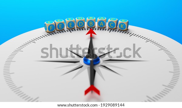 Blue colored blocks with feedback text and compass\
on blue colored background horizontal composition with copy space\
3d render