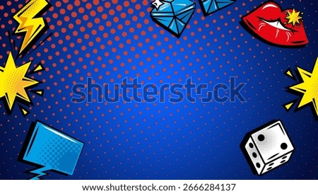 Blue Comic Book Style Background with Dice, Diamonds, and Lips