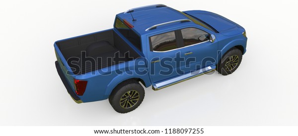 Blue commercial vehicle\
delivery truck with a double cab. Machine without insignia with a\
clean empty body to accommodate your logos and labels. 3d\
rendering.