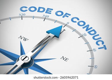 Blue compass pointing to the Code of Conduct lettering as a business concept (3d rendering)