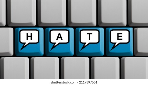 Blue Computer Keyboard Showing Hate In Speech Bubbles 3D Illustration