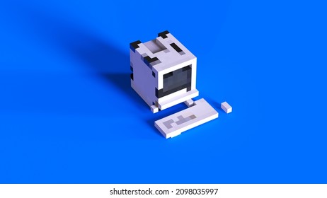 Blue Computer made out of Square Blocks Voxels Cube Boxes Technology Equipment 3d illustration render