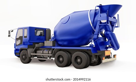 Blue concrete mixer truck white background. Three-dimensional illustration of construction equipment. 3d rendering