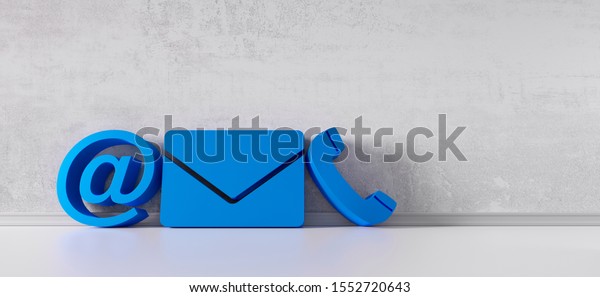 Blue contact icons leaning against a\
grey wall - communications symbols - 3D\
illustration