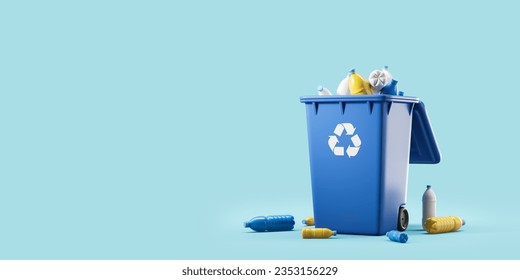 Blue container with plastic bottles on empty copy space background. Concept of separate waste collection, recycling of material and ecology. 3D rendering illustration