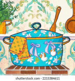 Blue Cooking Pot, Whimsical Feel.