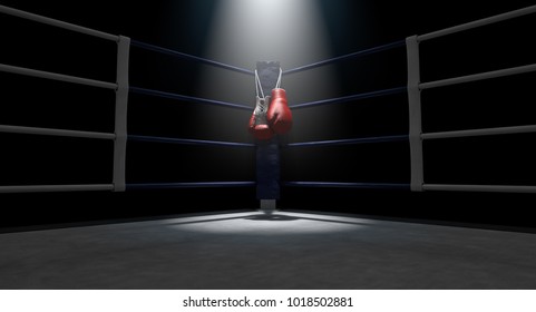 The blue corner of a boxing ring with gloves hanging on a pole spotlit on an isolated dark background - 3D render