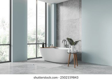 Blue corner view of hotel bathroom interior with bathtub and side table, tile concrete floor. Bathing corner in modern apartment. Panoramic window on tropics. 3D rendering