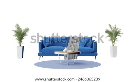 a blue couch and a table with plants
