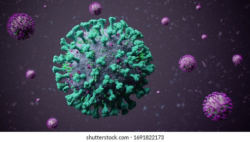 Blue COVID-19 Corona Influenza Virus Molecule With Purple / Magenta Contrast Molecules Floating In Particles - NCOV Coronavirus Pandemic Outbreak Cover Photo 3D Illustration