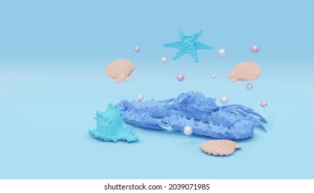 Blue crab with colorful shells, starfish and pearls on a blue background, 3d rendering.