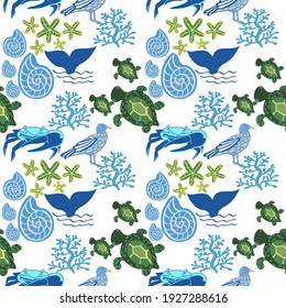 Blue crab, seashells and turtles, designed in seamless repeat pattern, ready for wallpaper and fabric prints