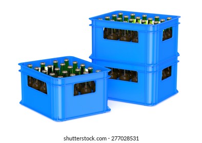 blue crate full with beer bottles isolated on white background