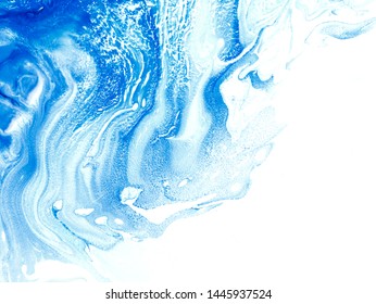 Blue Creative Abstract Hand Painted Background, Marble Texture, Abstract Ocean, Fragment Of Acrylic Painting On Canvas. Modern Art. Contemporary Art.