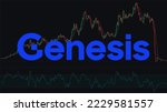 Blue crypto brand logo Genesis on dark background with red down arrow in graph - falling prices in the stock market. Company falls in the world market. Collapse and bankruptcy of the crypto exchange