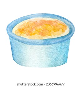 Blue Cup For Apple Jam Or Sauce. For Hanukkah Latkes. Watercolor Illustration On A White Background.