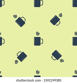 Blue Cup of tea and leaf icon isolated seamless pattern on white background.  