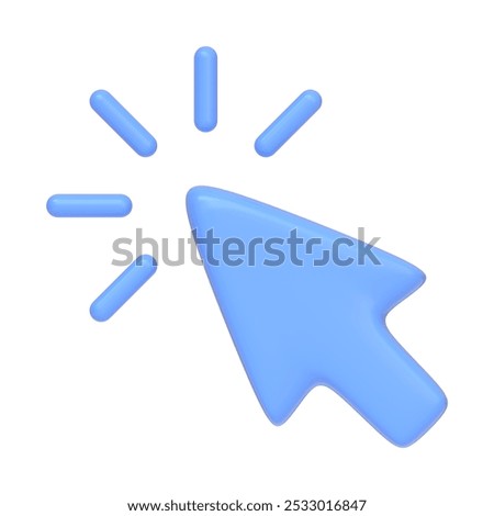 Blue cursor with click rays, representing a mouse click or digital interaction in a user interface. 3D render illustration