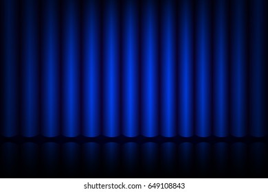 blue curtain on stage in the theater, realistic interior decoration velvet draperies, raster version illustration