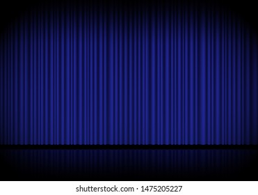 Blue Curtain Opera, Cinema Or Theater Stage Drapes. Spotlight On Closed Velvet Curtains Background