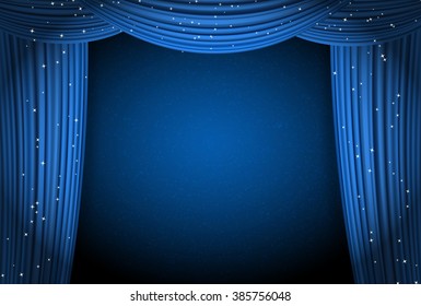 Blue Curtains On Blue Background With Glittering Stars. Open Curtains As Theater Or Movie Presentation Or Cinema Award Announcement With Space For Text