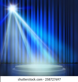 Blue Curtains On Theater With Spotlight.