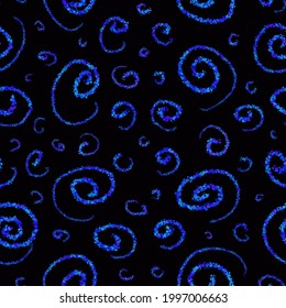 Blue, Cyan Spirals On A Black Background. Abstract Seamless Pattern. Round Curls, Botanical Motives.