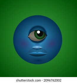 A blue cyclops ball over a green background. Digital Illustration.