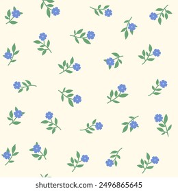 Blue daisy seamless pattern. Hand drawn small flowers with leaves scattered on light beige background. Delicate floral branches allover illustration. Botanical ditsy endless print