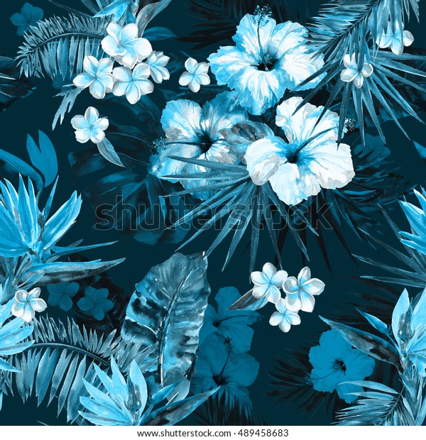 Blue Dark Beautiful Tropical Pattern Hand Stock Illustration 489458683