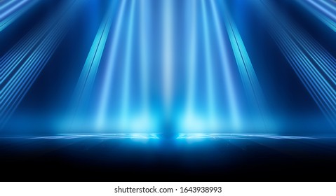 Blue dark empty scene. Dark background with lines and spotlights, neon light, night view. Abstract blue background.