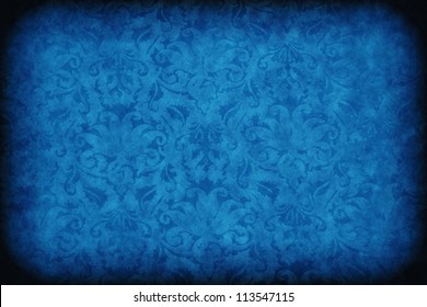 Blue Dark Wall With Old Floral Pattern Background Or Texture