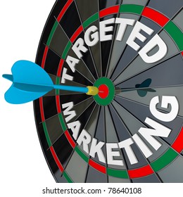 A Blue Dart Hits A Bulls-eye In The Target On A Dart Board Marked Targeted Marketing Illustrating A Successful Advertising Campaign That Aims To Reach A Niche Market