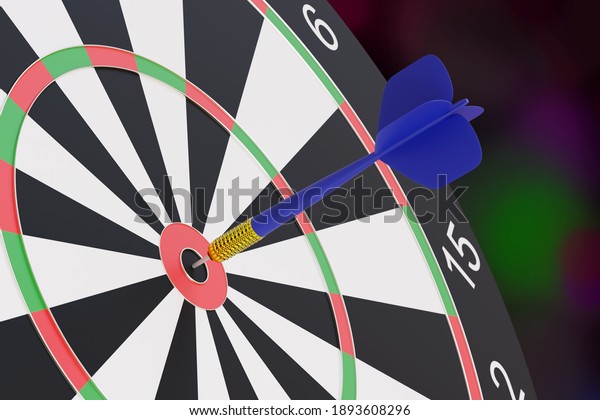Blue dart stuck in the center of a target.
3d illustration.