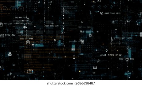 Blue data matrix simulation digital grid line and ai technology icon with futuristic HUD screen on black abstract background