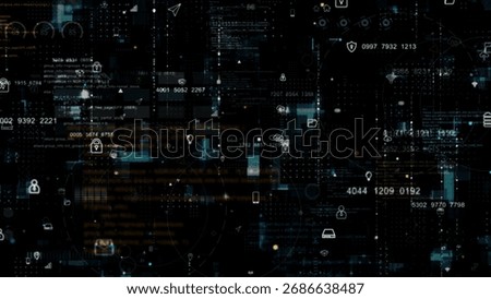 Blue data matrix simulation digital grid line and ai technology icon with futuristic HUD screen on black abstract background