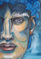 Blue David Sculpture Portrait Watercolor Technique, Seriously Big Half Of Face With Line
