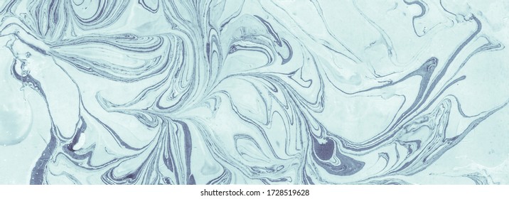 Blue Decorative Liquid Texture. Futuristic Swirl Ink Cover. Graphic Art Marble Backgrounds. Acrylic Illustration Pattern. Dark Brush Collection. Blue Panorama Abstract Watercolor.