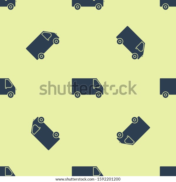 Blue Delivery cargo truck vehicle\
icon isolated seamless pattern on yellow background. \
