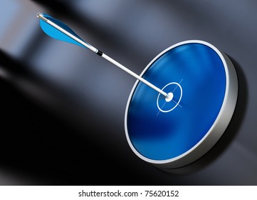 Blue design Target over a black background with an arrow hitting the center, symbol of successful marketing or business plan