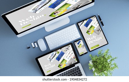 blue devices top view creative web design 3d rendering. 