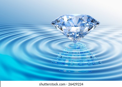 Blue diamond on  rippled water  with reflection