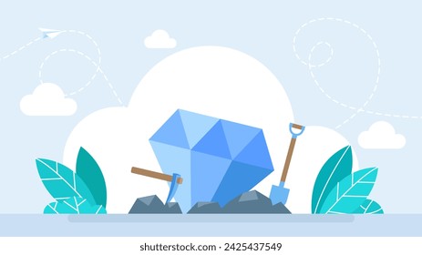 Blue diamond. Shovel and pickaxe with wooden handle for extraction diamonds. Pickaxe, shovel, mining tool, treasure hunting logo or emblem. Isolated on a white background. Flat illustration. - Powered by Shutterstock