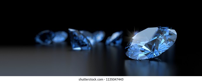 Blue diamonds Gem placed on reflection background 3d rendering.